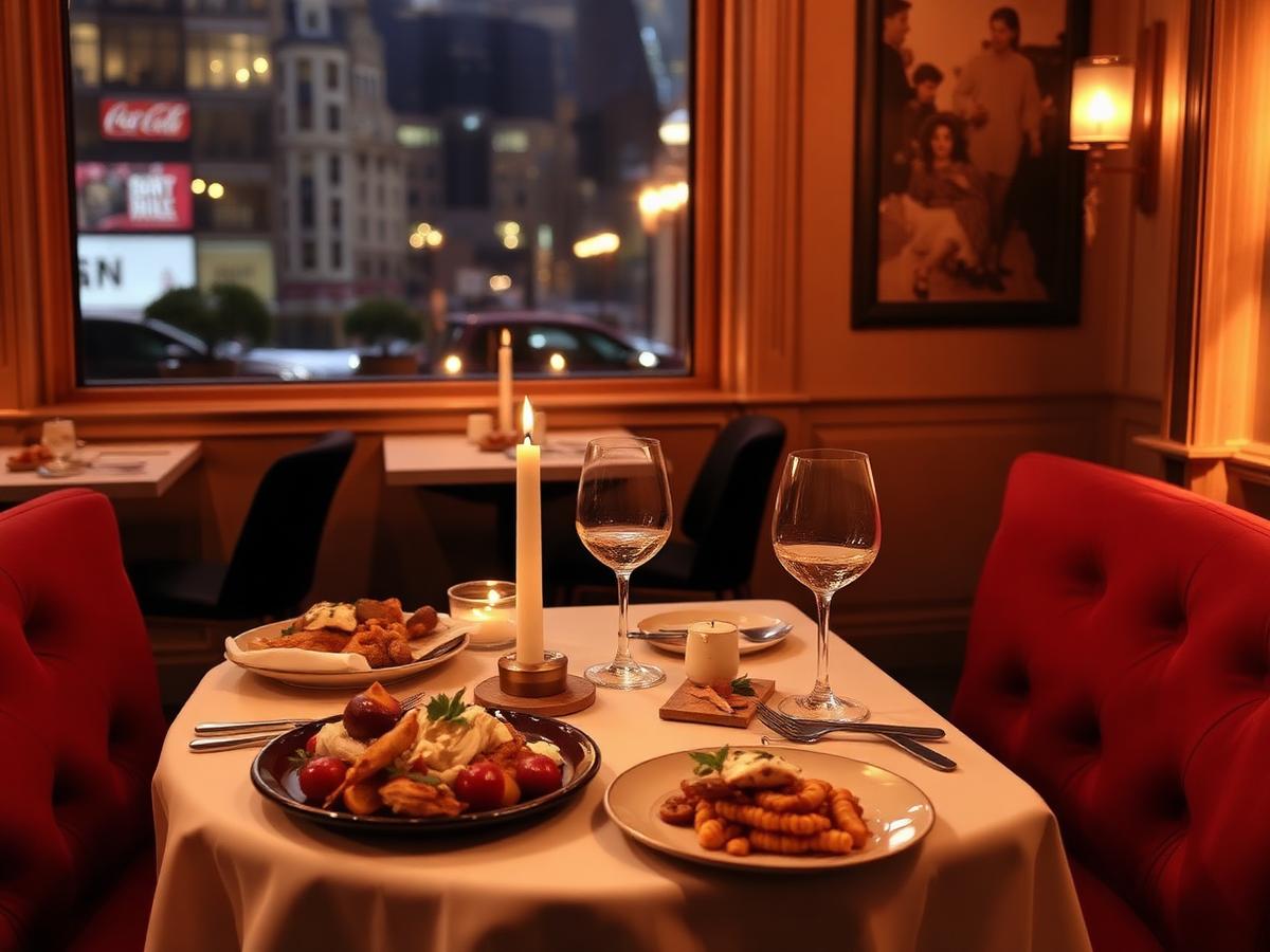 Warmly lit New York City restaurant table set for dinner