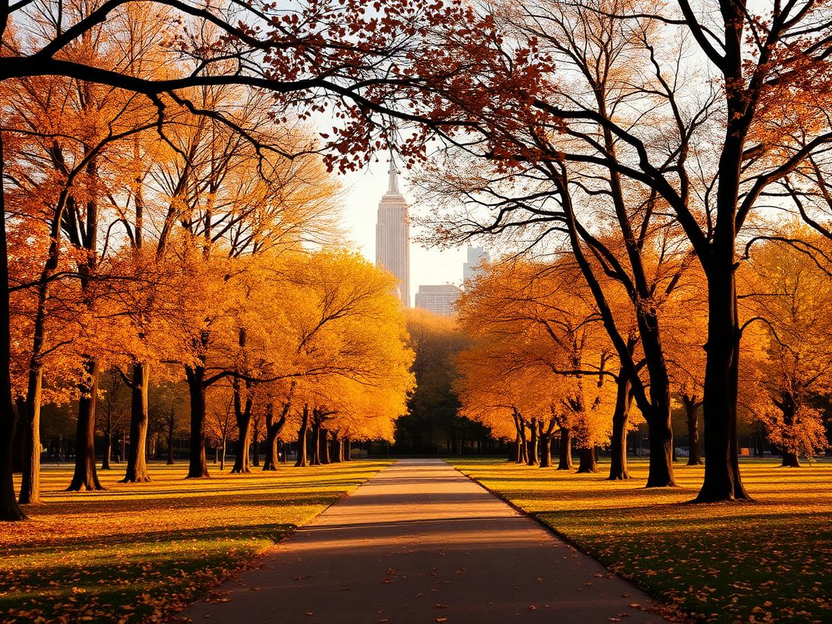 Tree-lined Central Park pathway in autumn